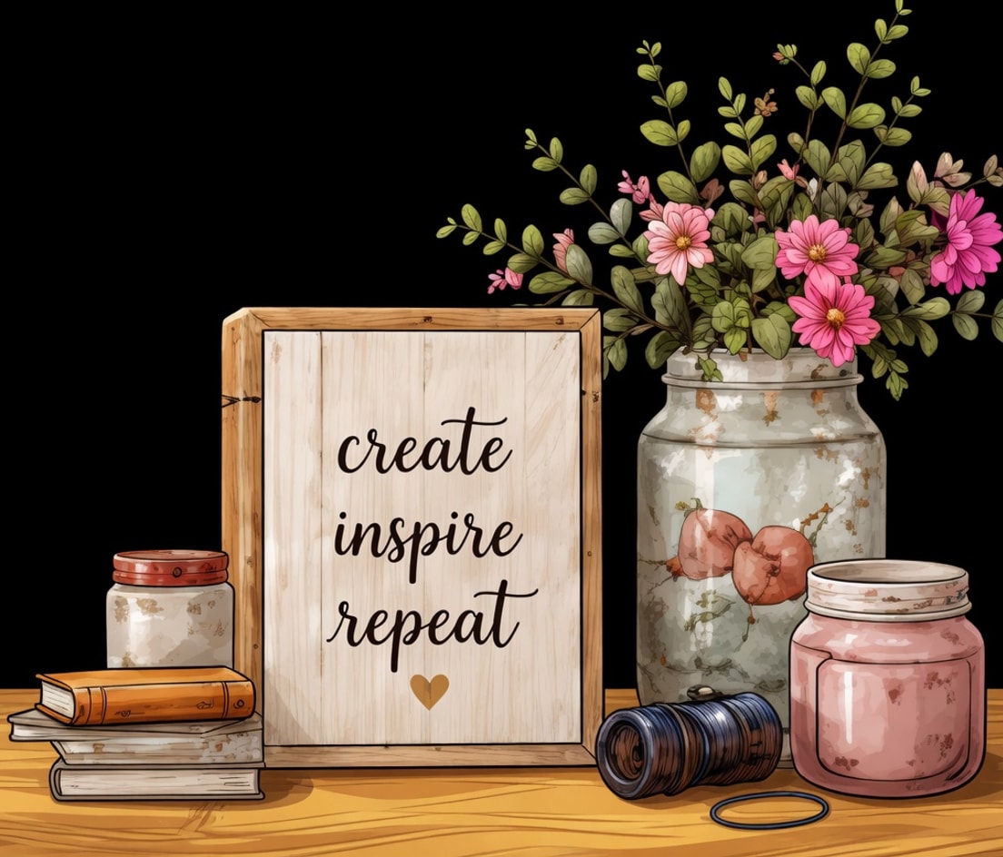 Cartoon craft still life with a wooden sign reading create, inspire, repeat beside pink flowers in a jar