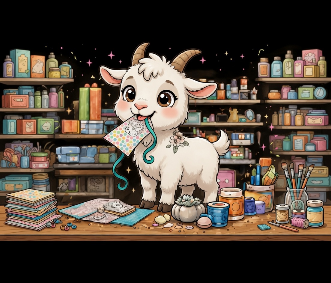 Cute illustrated goat eating craft supplies in the MessyBunMade craft studio