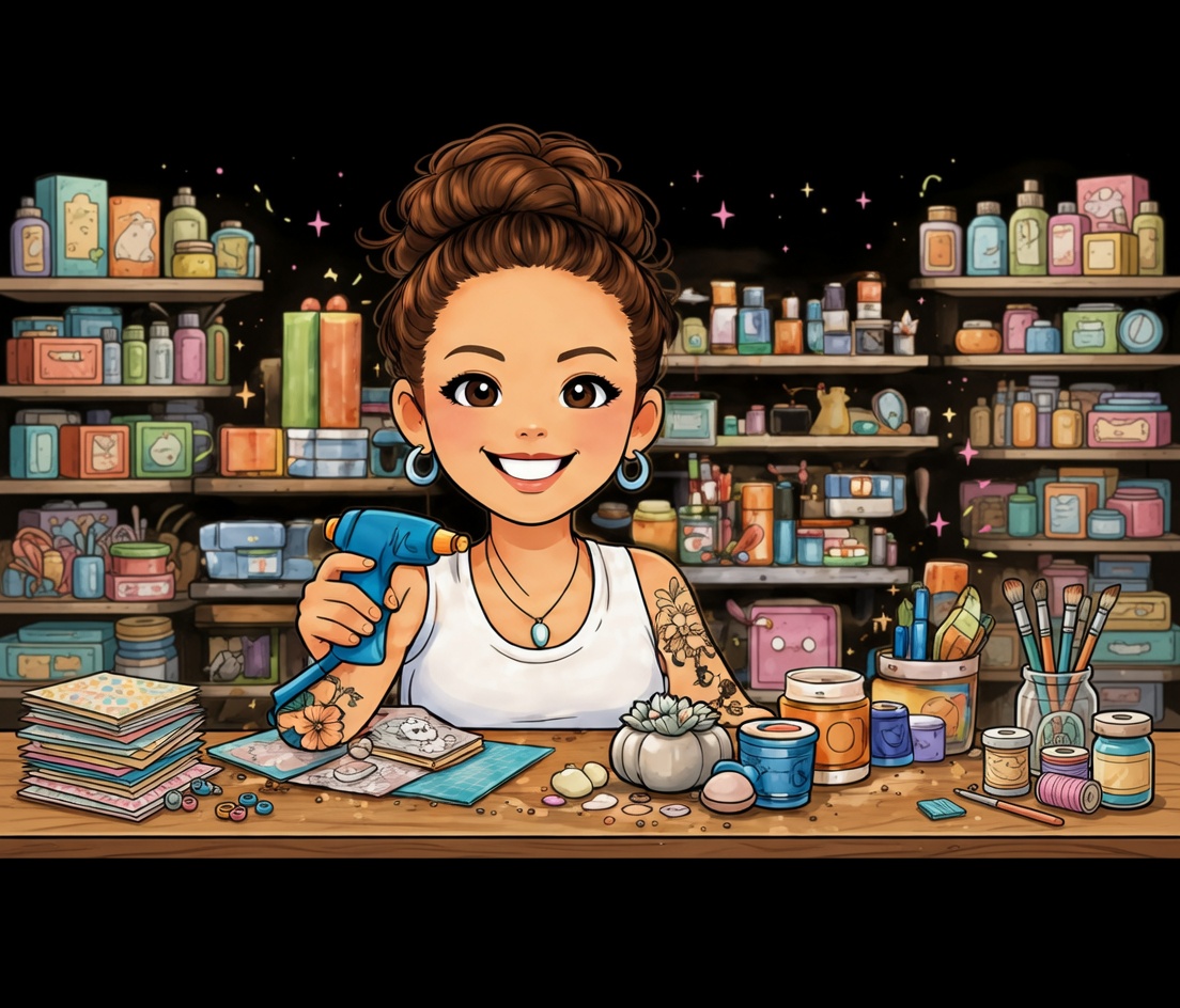 Illustrated craft studio portrait of a smiling woman with a messy bun holding a blue glue gun at a wooden workbench